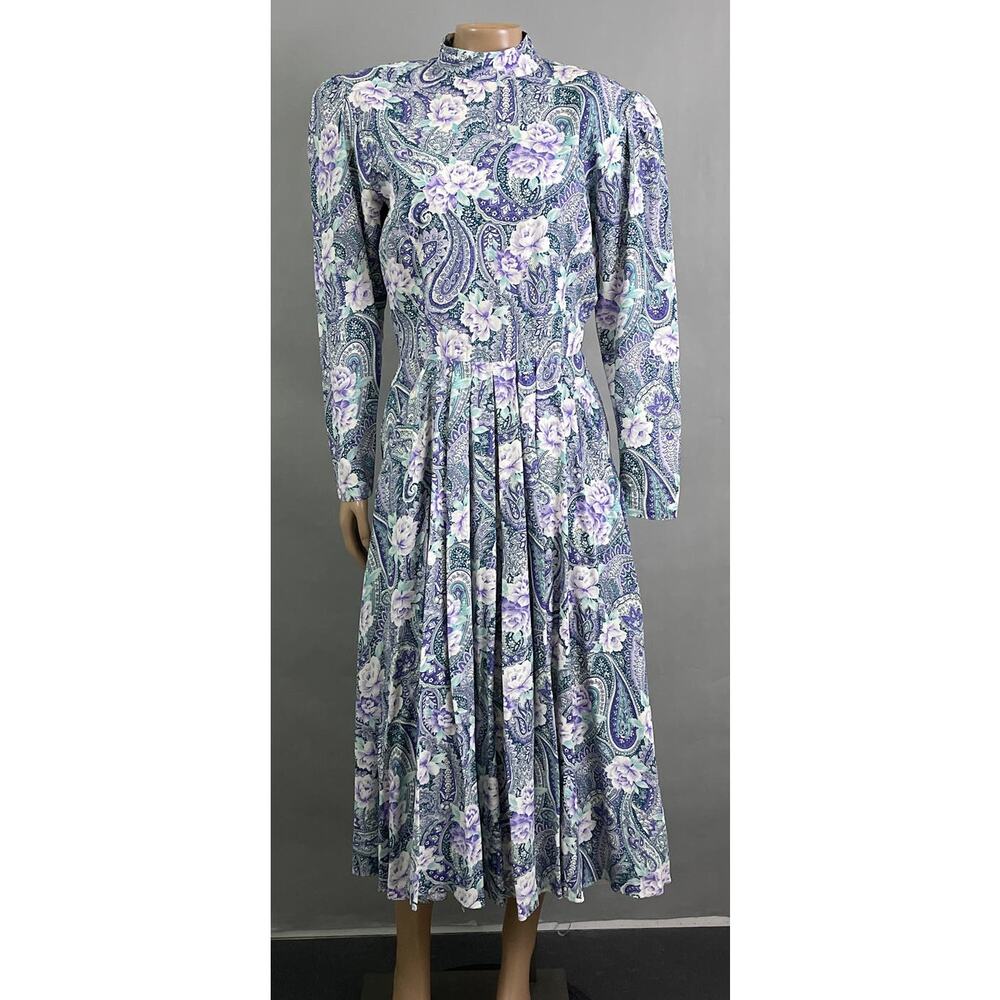 E.D. Michaels Vtg 80s Dress Women 3/4 Floral Paisley Print Mock Neck Midi Casual